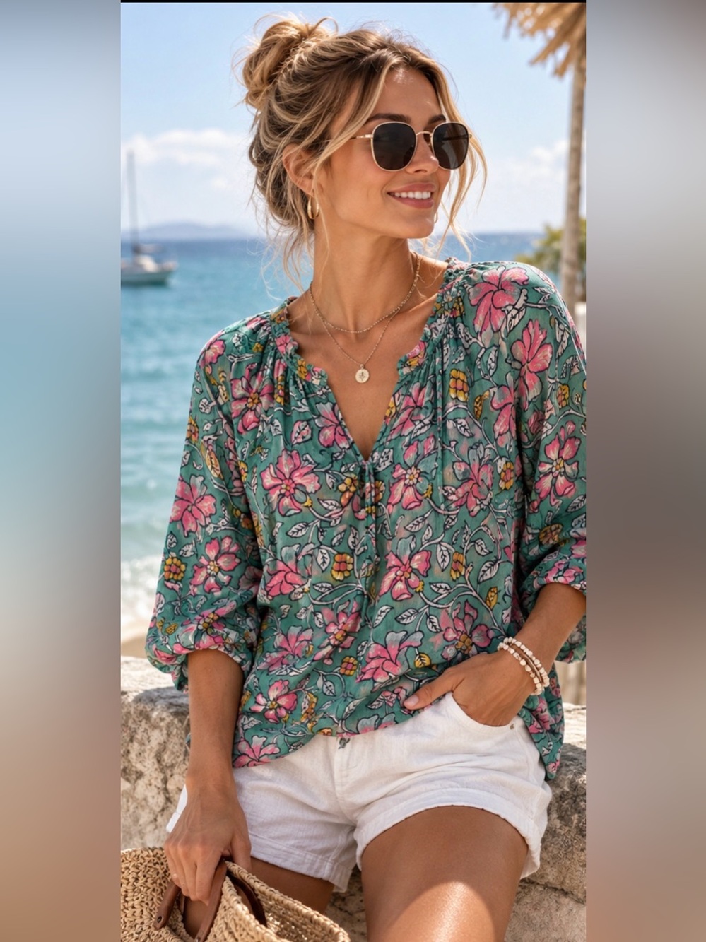 Natural Life Floral Boho Tunic Top Teal Pink Lightweight Coastal